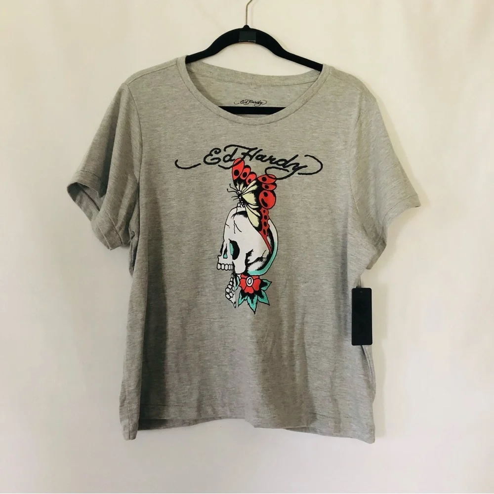 T Shirt Scull Print Size 1X Gray Butterfly Orange - Picture 1 of 5